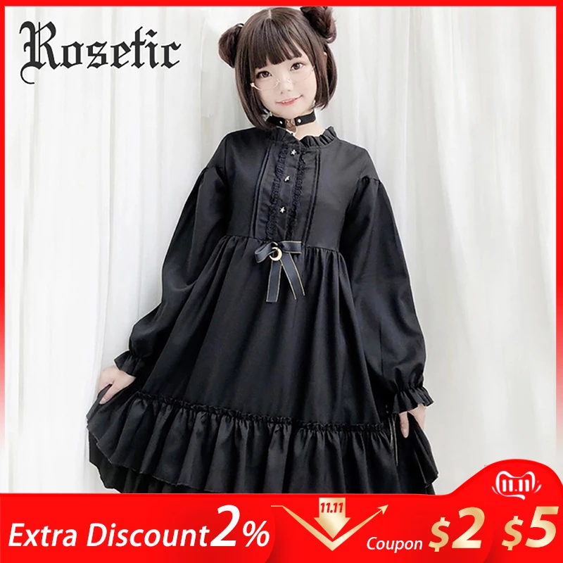 Rosetic, милое платье в стиле готической Лолиты Harajuku, Короткое мини винтажное платье с оборками и бантом, японское платье с длинными рукавами-фонариками, осеннее платье трапециевидной формы для женщин
