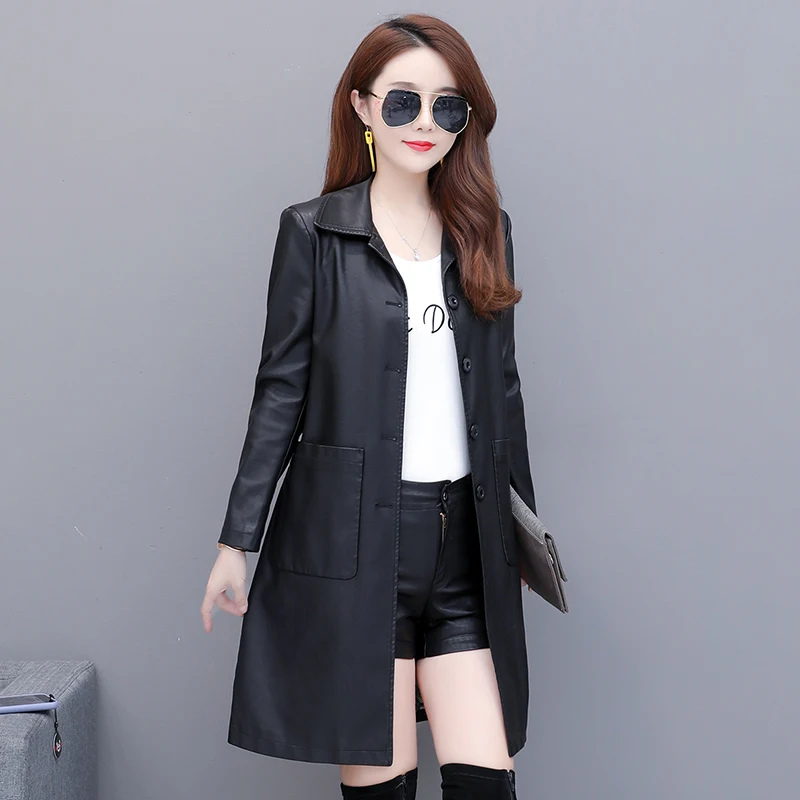 Весенняя куртка Женское пальто из искусственной кожи средней длины осенняя