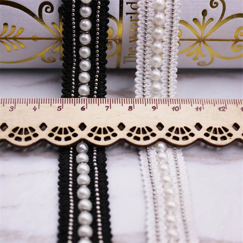 1 ярдов белый жемчуг с Бисером кружевная Лента лента африканская ткань воротник