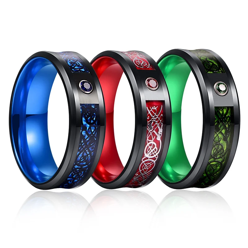 

Titanium steel ring red purple green two color dragon pattern luminous tungsten stainless steel ring jewelry