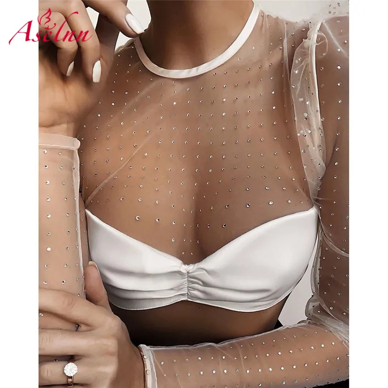 Aselnn Женская Сексуальная Сетчатая футболка с блестками 2020 весна лето прозрачная