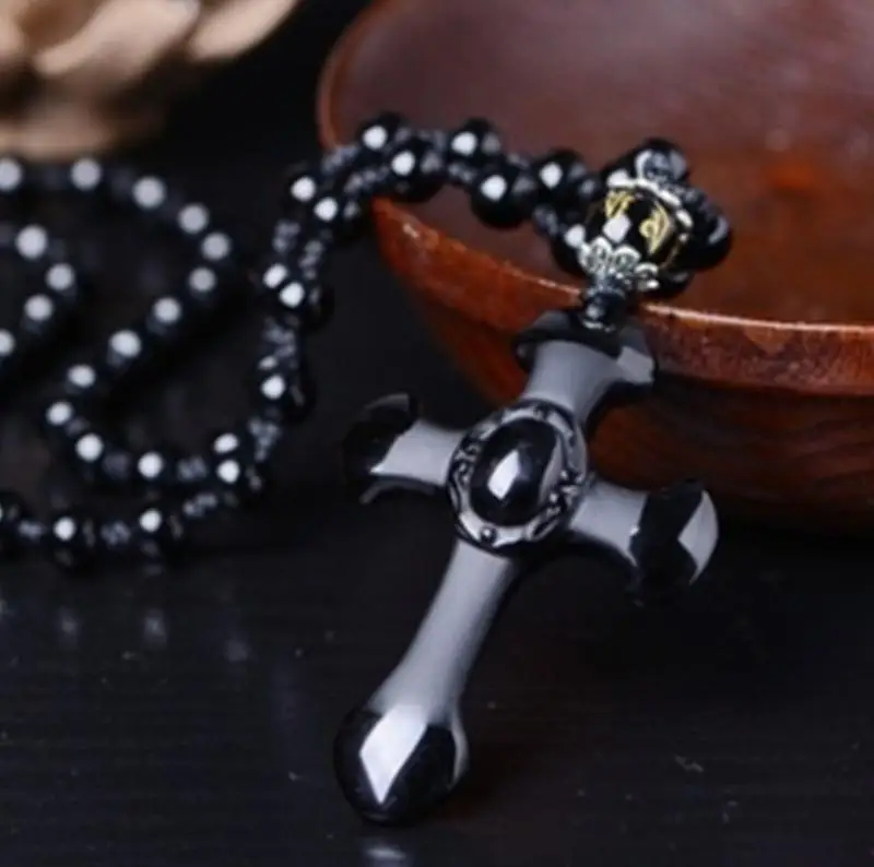 

New Trend Black Stone Cross Necklace Men's and Women's Pendant Necklace Simple Fashion Casual Daily Jewelry Gifts
