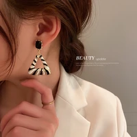korean retro personalized geometric diamond inlaid hollow black and white stripe triangular round womens earrings