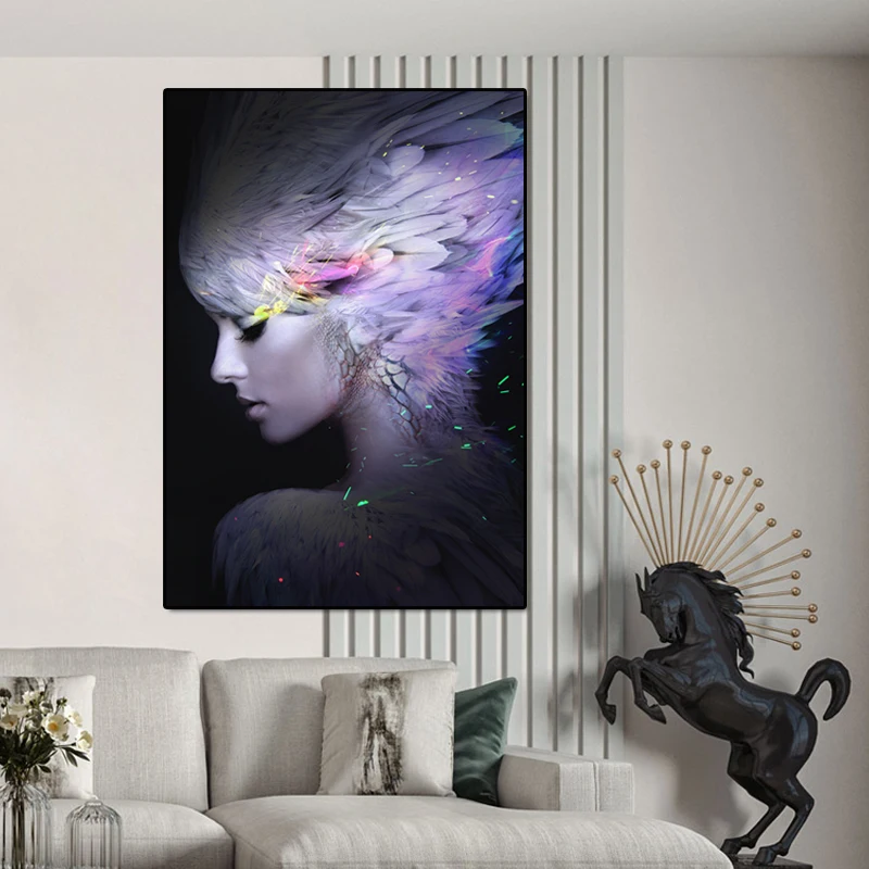 Картина на холсте абстрактная женщина с перьями волосы Куадрос холст печать