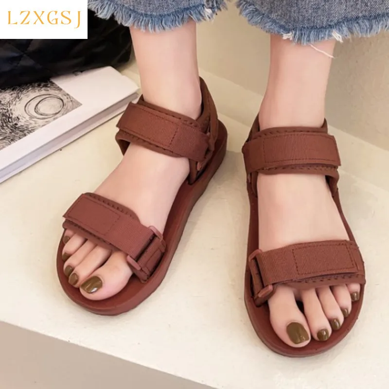 

Summer Sandals Women Fashion Flat Heel Platform Shoes 2021 New Brown Casual Back Strap Hook Loop Sandals Ladies Shoes