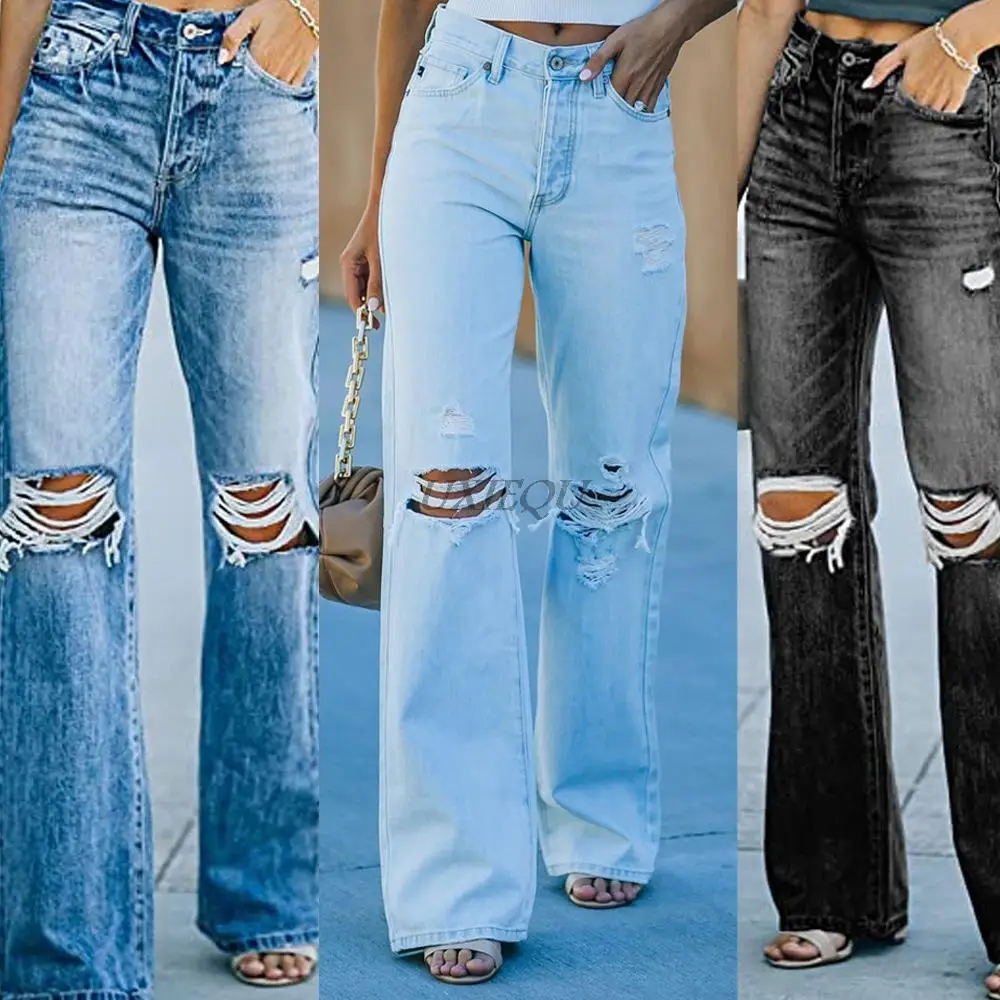 

2021 Summer women's denim new high-waist temperament washed ripped casual denim trousers