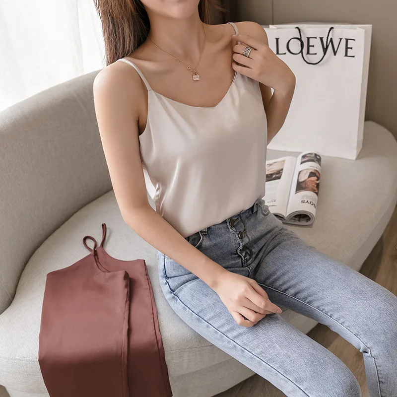 Корейский топ без рукавов для женщин атласные свободные топы рубашки Летний