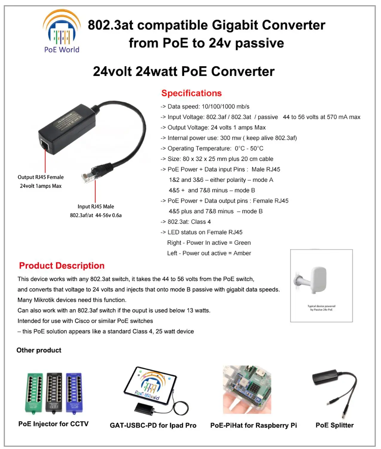 

24volt 24Watt PoE Converter 802.3af/802.3at to 24v devices with Passive PoE output for MikroTik