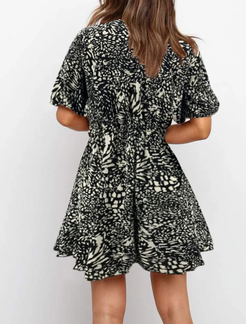 

2021 Summer Women Dress Short Sleeve Leopard V Neck Bandage Lace Up Mini Dress Ladies Casual Holiday Sundress