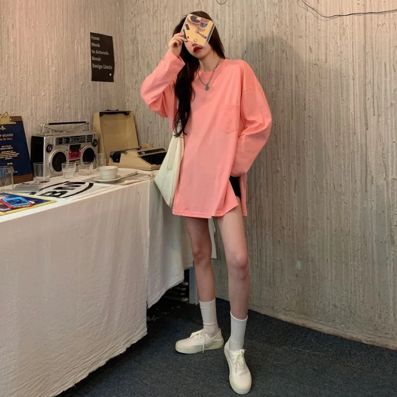 

White T-shirt Women's Clothing 2021 New Trendy Spring Idle Style Loose Mid-Length Design Sense Split Long Sleeve Top