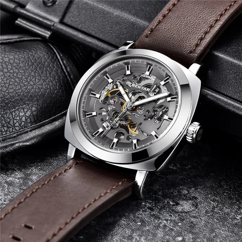 

BENAYR 2021 New Top Luxury Men's Stainless Steel Watch Mechanical Men's Leather Business Waterproof ас мђжские
