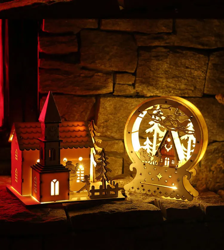 Round cabin Santa Claus Elk DIY Wooden Christmas Led Light Snow House Decoration Noel Village Teacher Gifts Glow in the dark