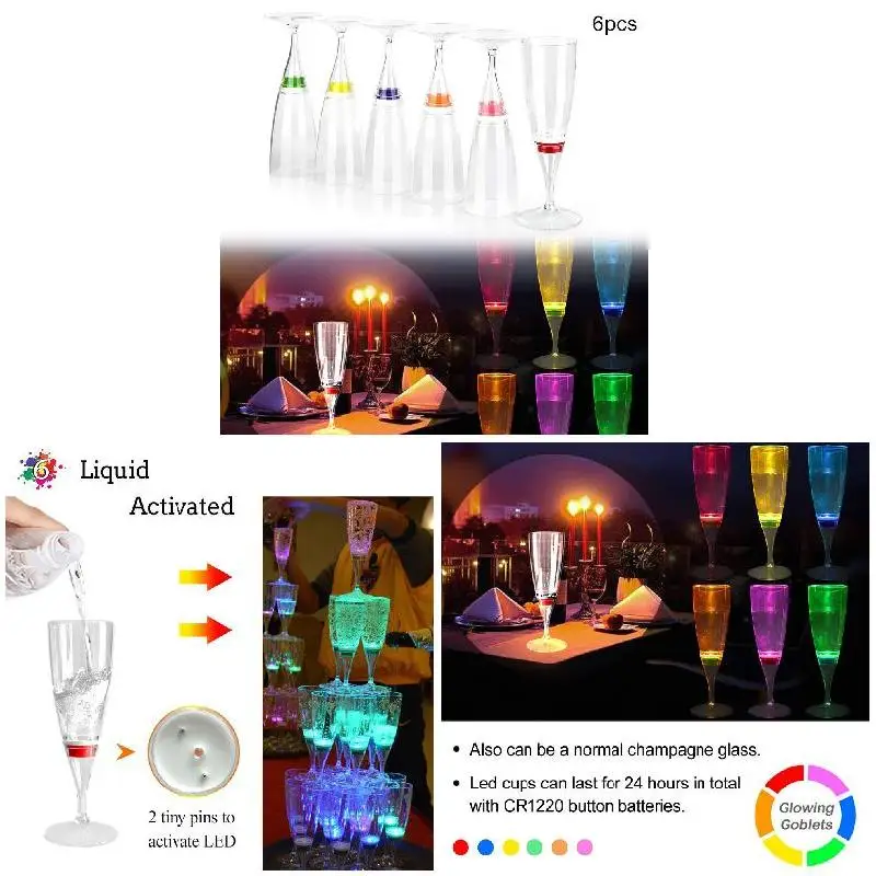 

6 Pcs LED Wine Champagne Flute Glasses Water Liquid Activated Flashing Light-up Cups L9