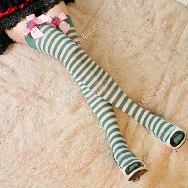 Green Stripe Девушки косплей панк Рок милые Лолита клубника Полосатый готический крест-накрест Галстуки непрозрачные держать до бедра высокие верхние чулки колготки - Цвет: Green Stripe