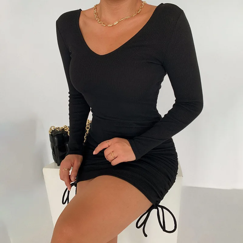 

Sexy Party Dress for Women Elegant Bodycon V Neck Long Sleeve Drawstring Folds Slim Black Spring 2022 Women's Evening dress New