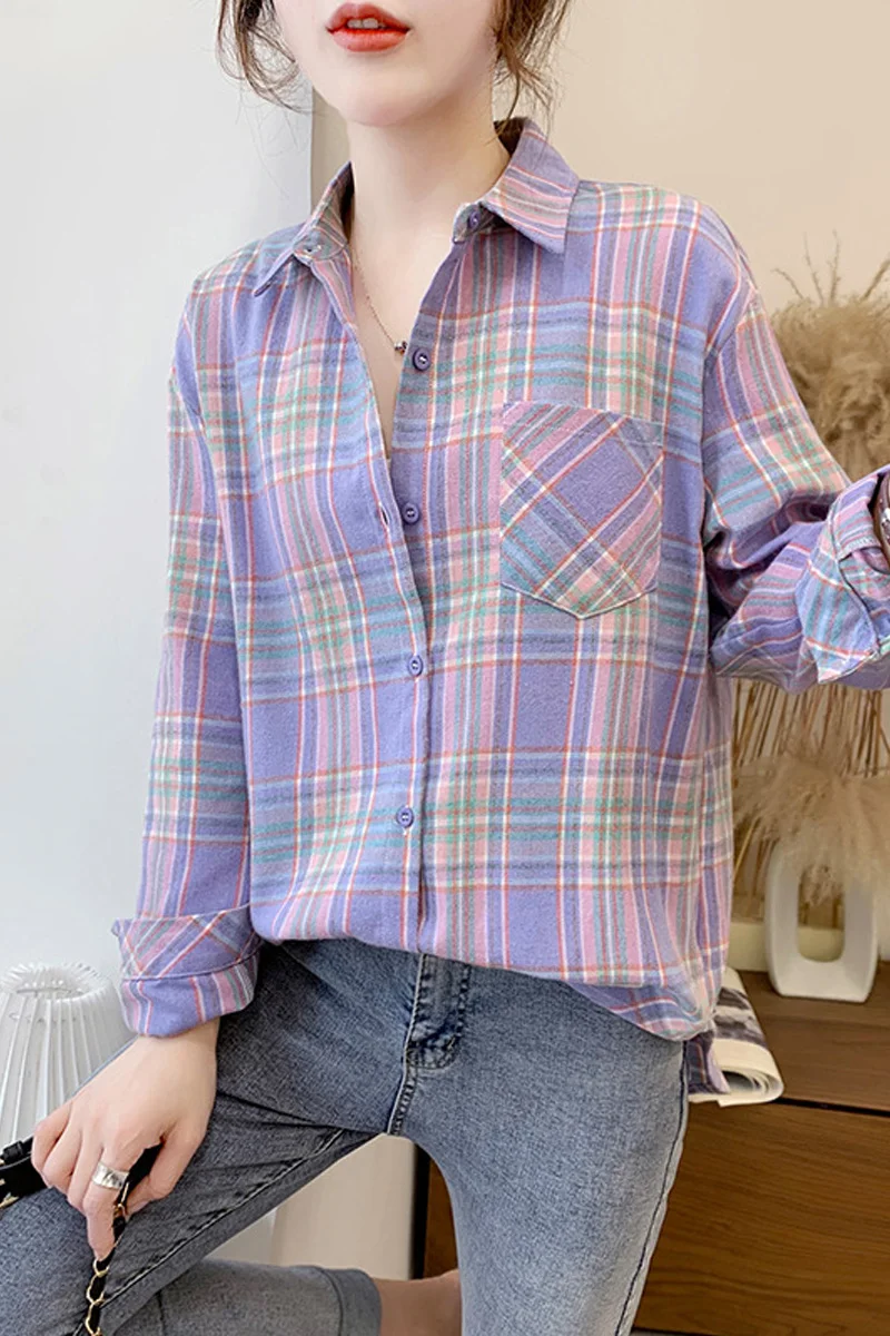 

2020 spring cotton plaid shirt women's long sleeve loose matte versatile student casual Korean shirt jacket trend