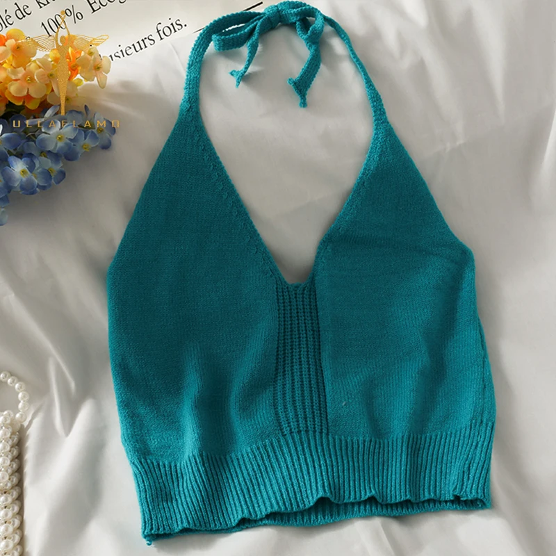 

Halter Lace-Up Camisole Women Clothes Summer V-Neck Sleeveless Crop Top French Knit Splice Tank Vest Femme Casual Wild Vest Top