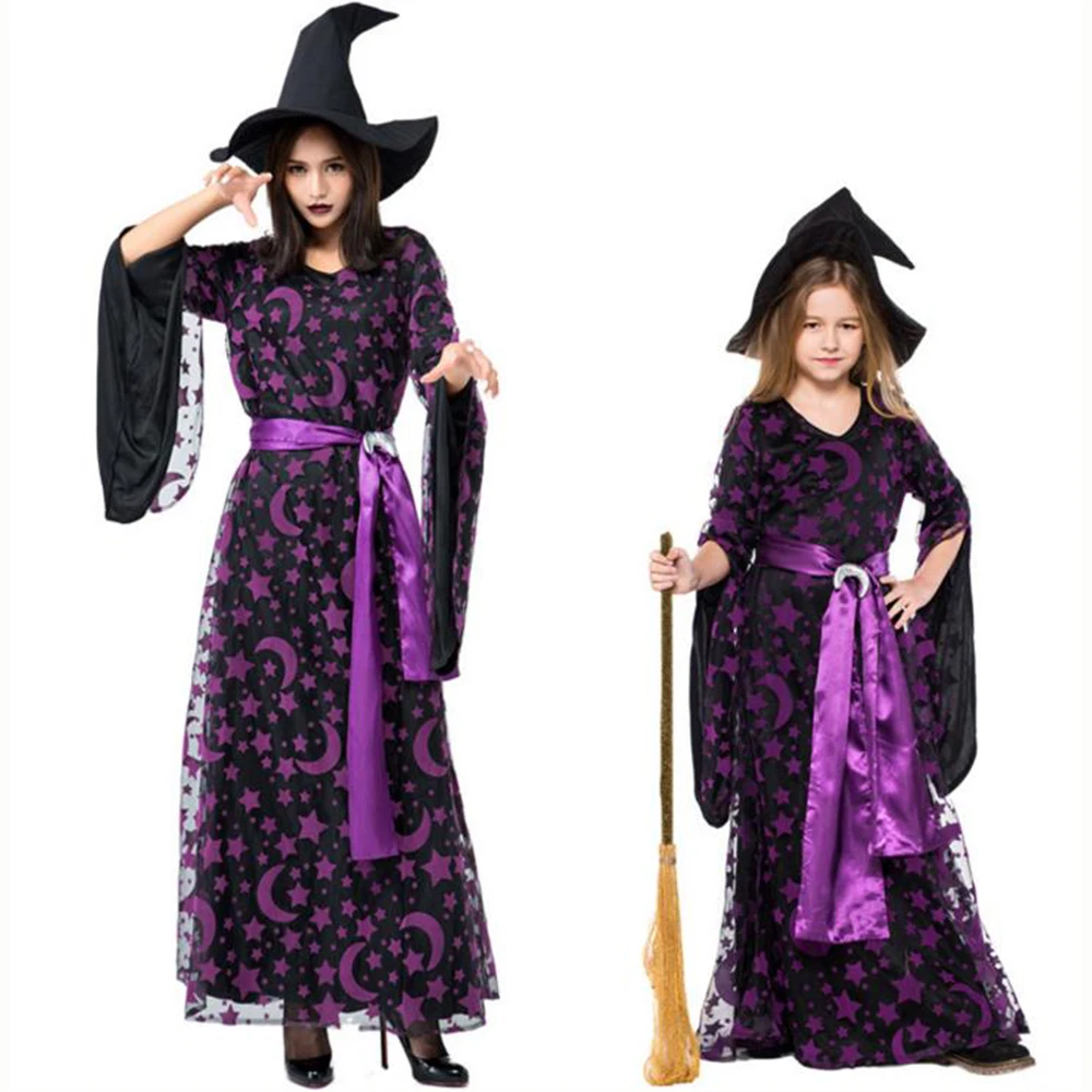 Одежда для родителей и детей на Хэллоуин фиолетовая звезда луна волшебная ведьма