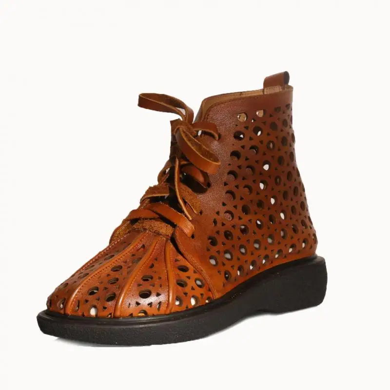 

Johnature 2021 New Autumn Women Boots Genuine Leather Lace-up Shoes Round Toe Flat With Sewing Handmade Ankle Platform Boots