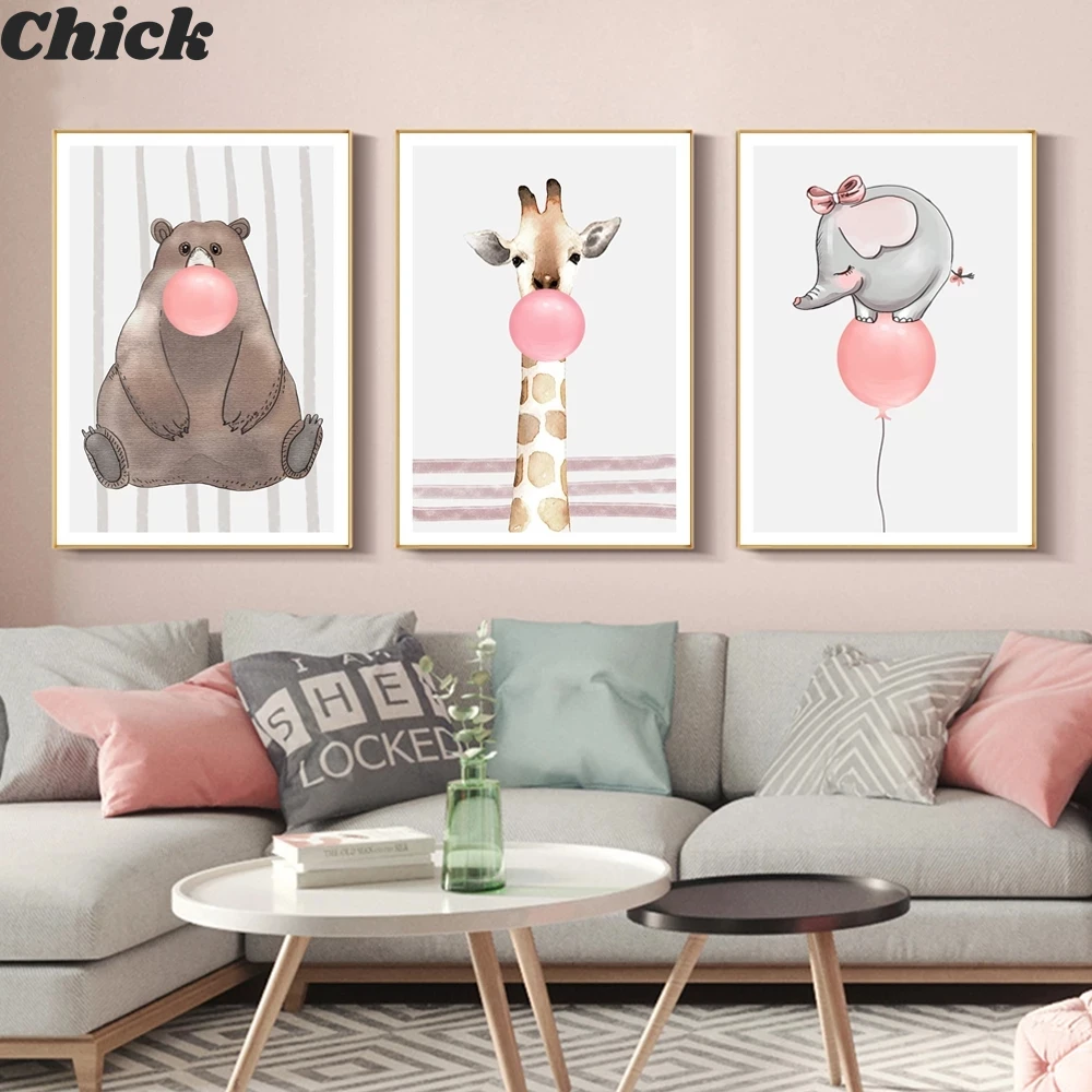 

Cartoon Nursery Prints Elephant Bear Giraffe Chewing Bubble Gum Canvas Painting Poster Animal Wall Picture Kid'S Baby Room Decor