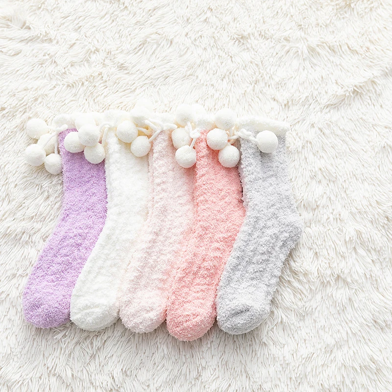 Hand-stitched Small Hair Ball Coral Fleece Socks Cute European and American Style Sleep Women Winter Thickend Floor | Женская одежда
