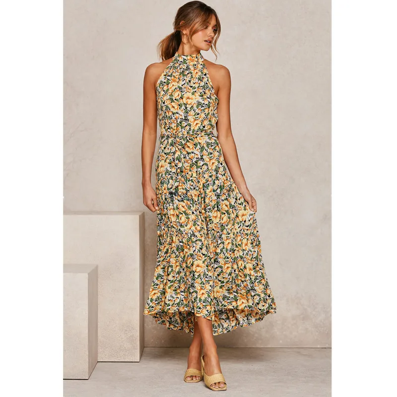 

Women Midi Print Dress Casual Belt Tunic Polka Dot Sleeveless Ladies Maxi Dresses Summer Fashion Elegant Sexy Halter Hollow Out