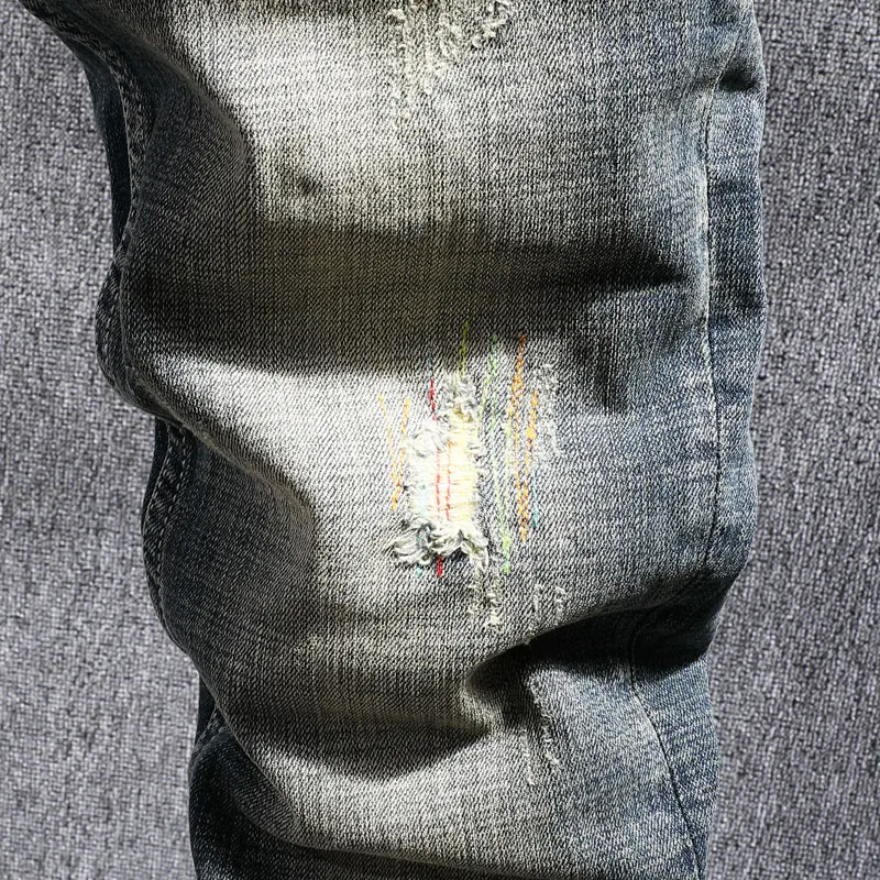 European Vintage Fashion Men Jeans Retro Blue Distressed Washed Slim Fit Ripped Jeans Men Designer Elastic Casual Denim Pants