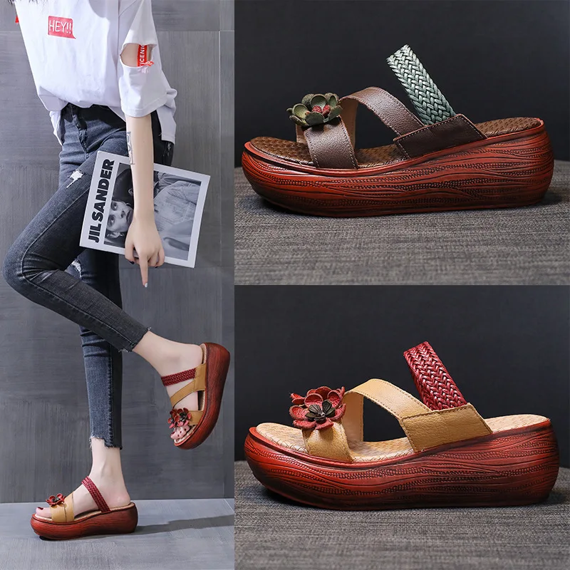 

New Classic Flower Summer Shoes Full Genuine Leather Sandals Fashion Slippers Increase Platform Sandals Women Shoes Sandals