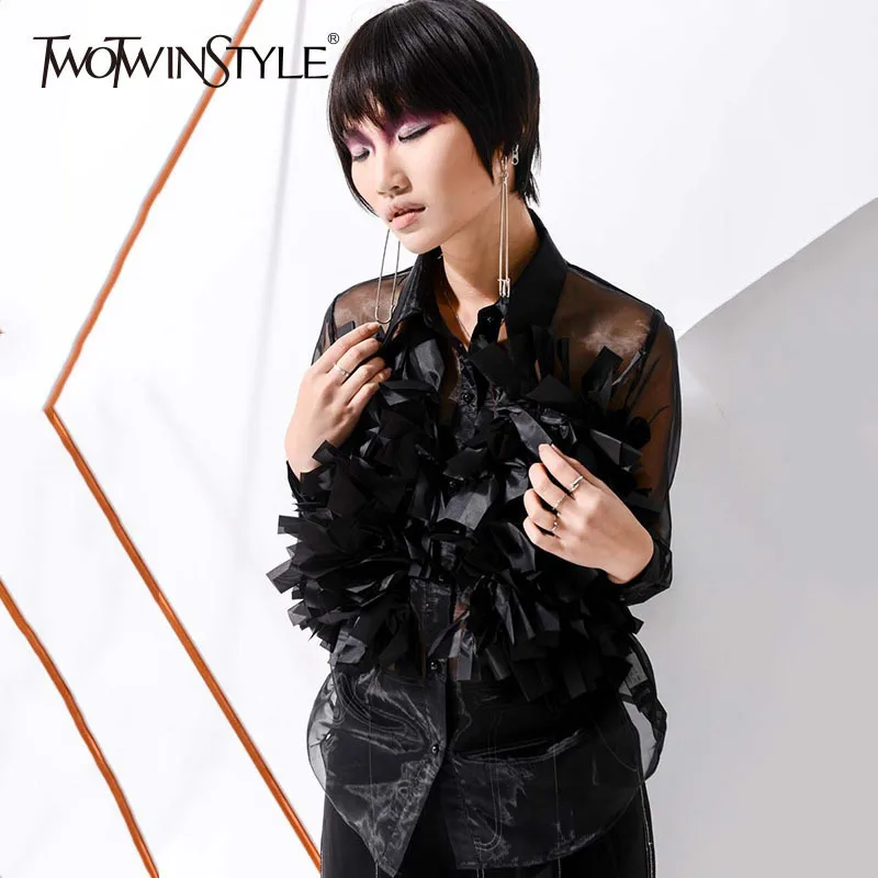 

TWOTWINSTYLE Patchwork Mesh Tassel Thin Women's Blouses Large Size Long Sleeve Tops Black Sexy Female Shirt Casual Clothing 2020