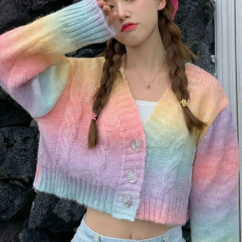 

УКОРОЧЕННЫЙ ТОП Tie Dye, стильный кардиган, Женская Осенняя трикотажная верхняя одежда с V-образным вырезом, женские милые шикарные топы, Корей...