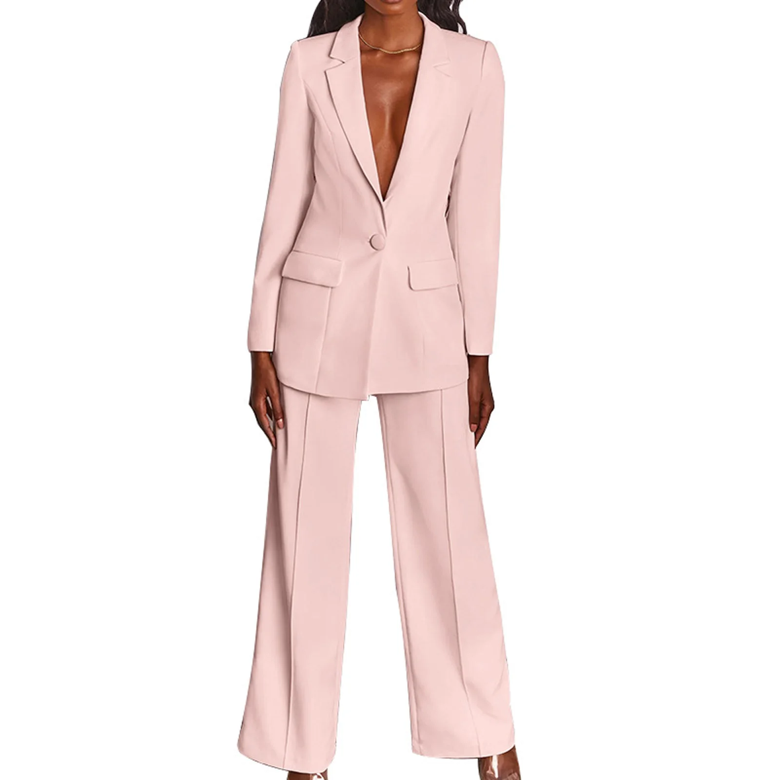 

Ladies Solid Color Casual Tailored Suit Breathable Temperament Long Sleeve Lapel Single Button Tops + Long Trousers Set
