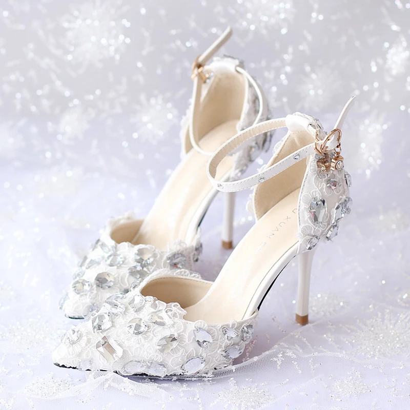 

9cm High Heels Wedding Shoes Women Pumps Red Crystal Lace Stiletto Buckle Strap Bridal Shoes Pointed Toe Party Ladies Shoes