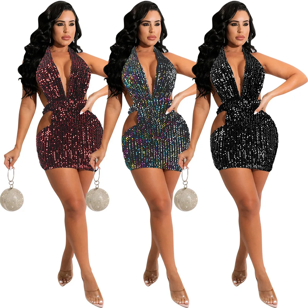 

Women Dresses Summer Night Club Dress 2022 Sexy V Neck Mini Dress Basic Black Backless Party Clubwear