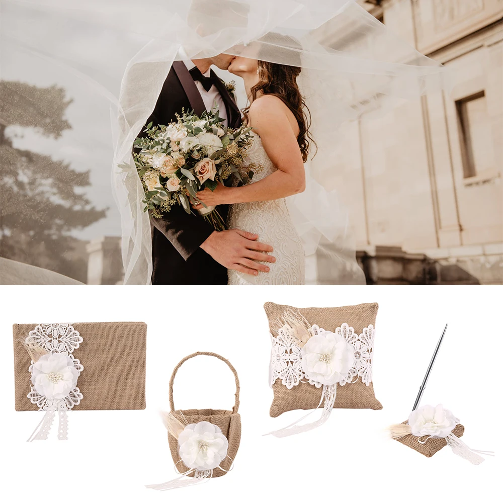 4 шт мешковины Hessian льняные кружева винтажная Свадебная церемония Гостевая книга