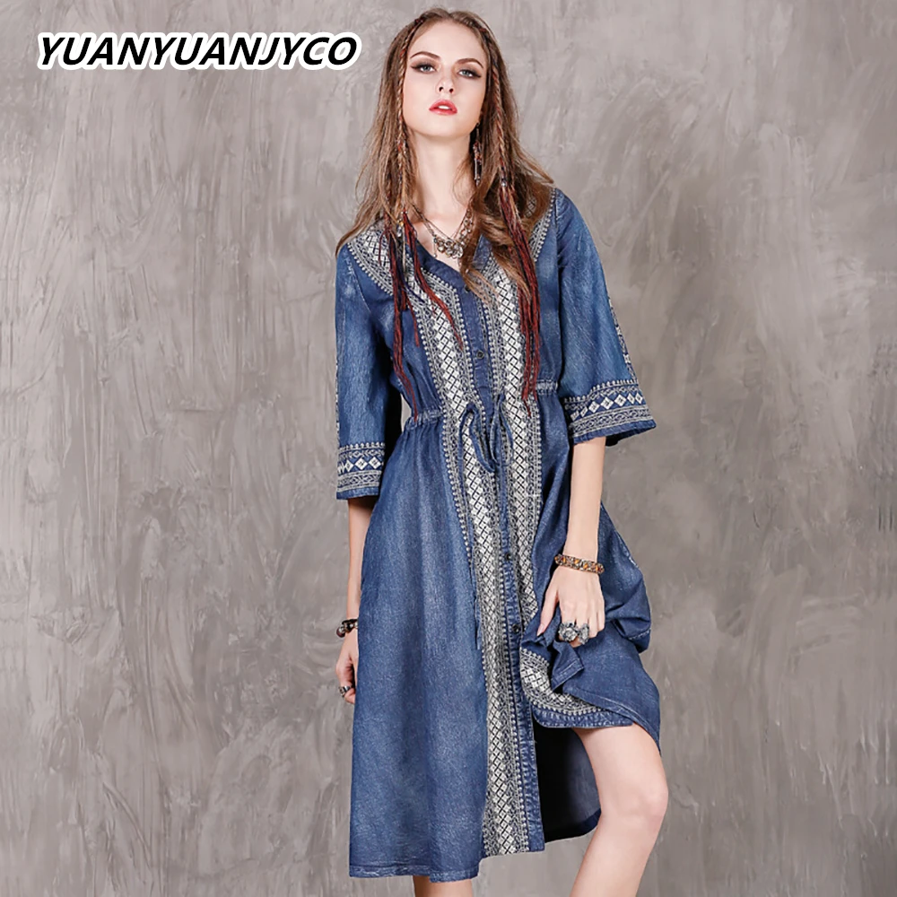 

YUANYUANJYCO Spring Autumn Women Knee Length Indie Folk Denim Dress LYQ31 Vintage Embroidery Half Sleeve A-Line Long Clothes