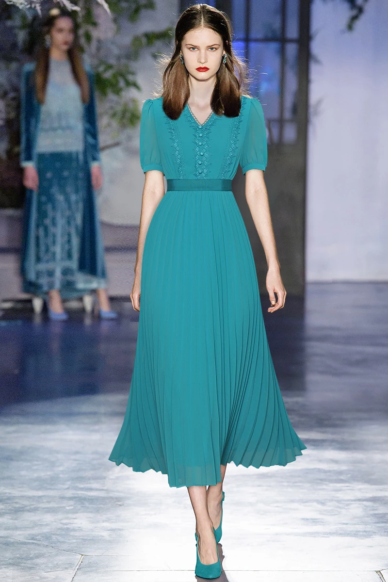 

Women Beautiful Chiffon Dress Summer Dress 2021 Designer New Lace Trim V-neck Puff Sleeve Long Pleated Dresses Party Vestidos