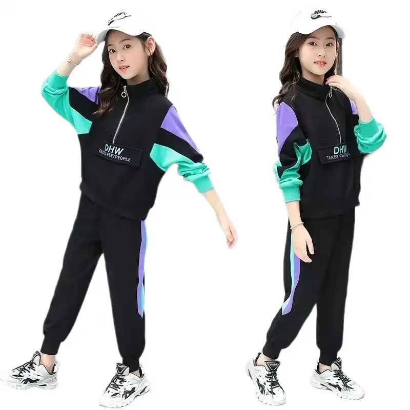 

Girls Tracksuit Clothes Set Match Color Half Zipper Clothing Set Kid Spring Autumn 2pcs Children Suits School Costume 3-12 Year