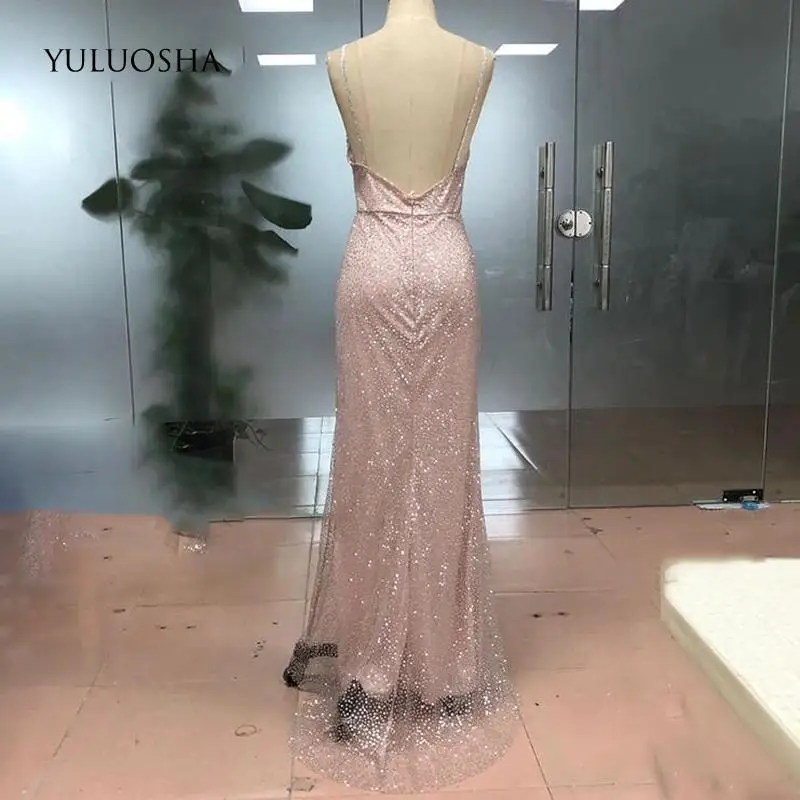 YULUOSHA Длинные вечерние сексуальные платья с V образным вырезом без рукавов