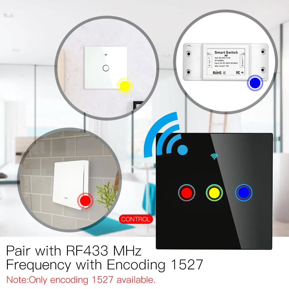 RF433 MHz Wireless Wall Glass Panel Transmitter Switch Remote Controller Work with WiFi Smart Control Sticky Receiver | Обустройство