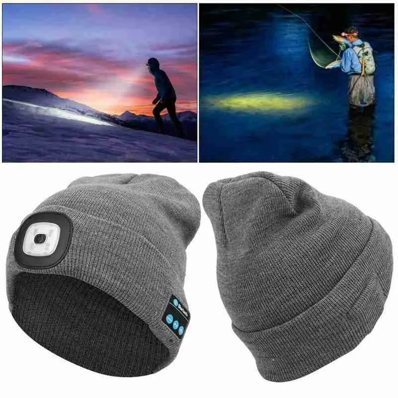 

Winter Knitted Woolen Hat with Lamp Earphone LED Lamp Luminous Outdoor Mountaineering Hands-free Music Winter Hats 2021 New