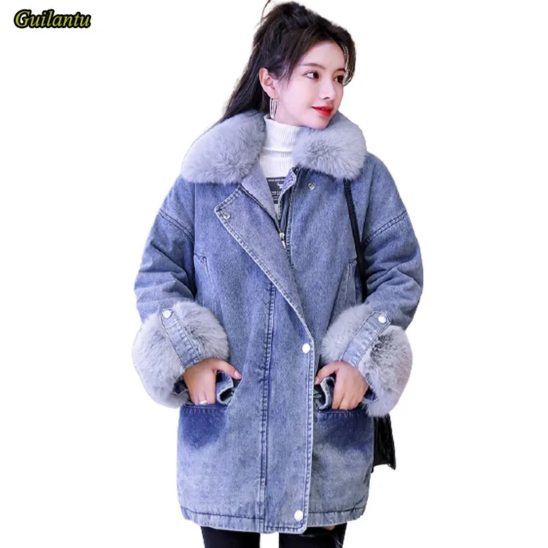 

Guilantu Winter Thick Cotton Padded Denim Jacket Women Fashion Fur Collar Long Parka Mujer Grey Pink Casual Jeans Coat Female