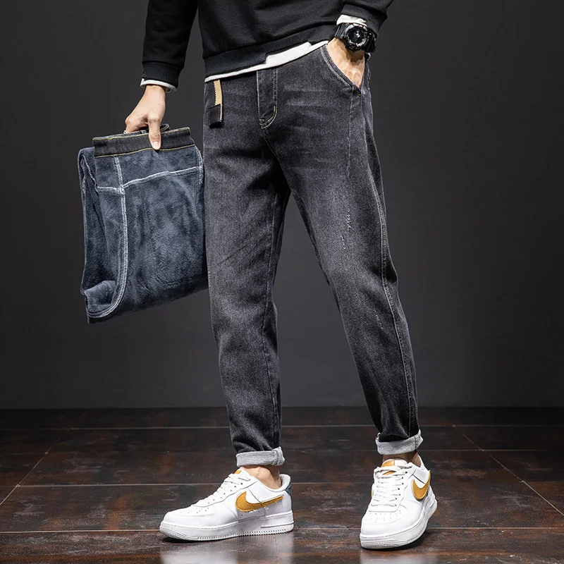 

high quality men's winter harlan jeans 2020 new winter Thicker Warm Black Gray Jeans plus size