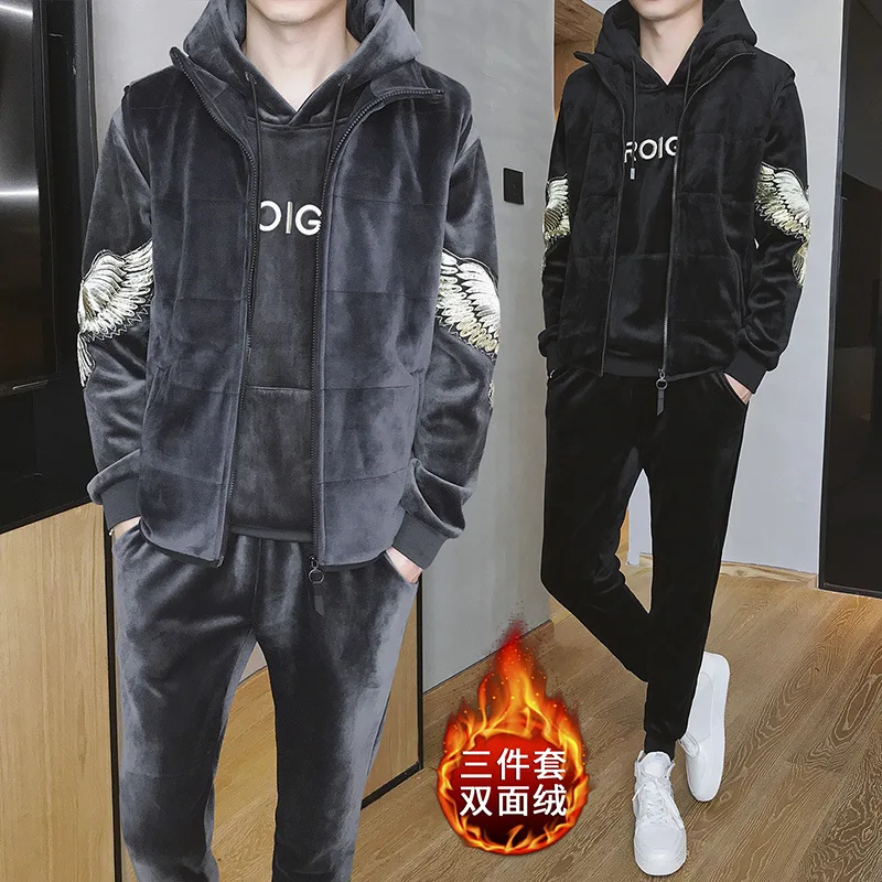 Мужской золотой бархатный толстый комплект из 3 предметов зимний костюм с