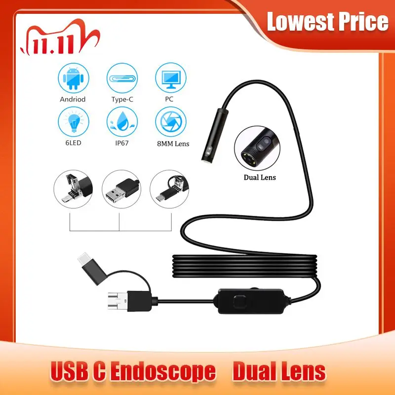 

Newest Type-C Android Endoscope Camera IP67 Dual 8mm Lens With Led White Light 1080P HD Inspection Endoscope Mini Camera
