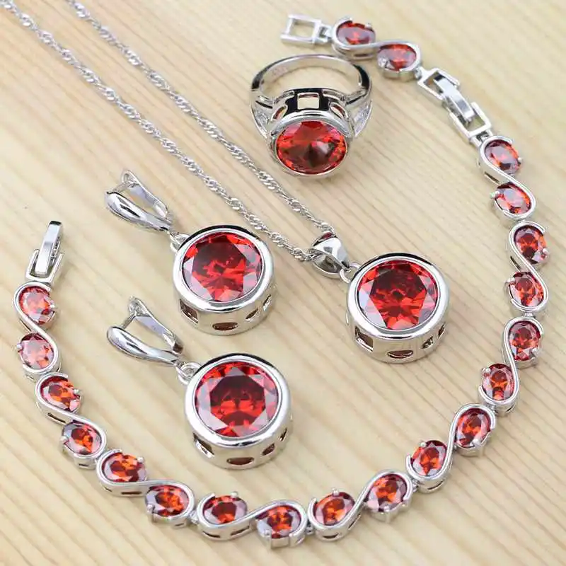 

Round Red Garnet Classic Jewelry 925 Silver Jewelry Sets Women Wedding Necklace/Earrings/Bracelet/Pendant/Ring