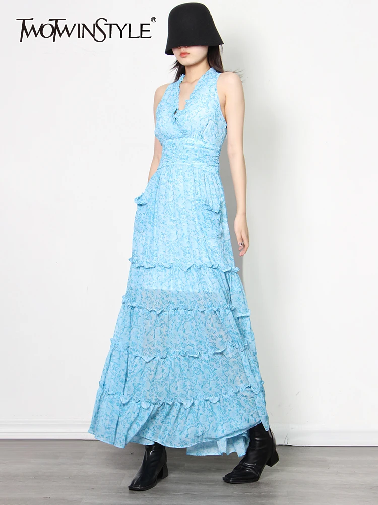 

TWOTWINSTYLE Ruffle Trim Patchwork Blue Dress For Women V Neck Sleeveless High Waist Long Dresses Female Chic Clothing 2021 New