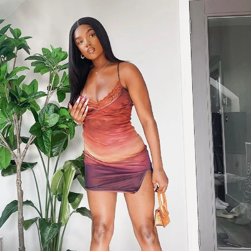 

Lace Trim Printed Summer Dress Sexy Slim Split Side Sleeveless Spaghetti Straps Dresses For Women Fashion Casual