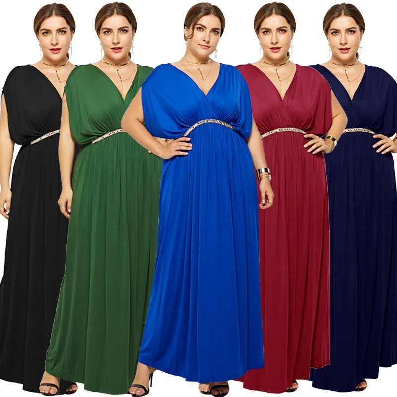 

2021 summer plus size sexy fashion batwing sleeve long dress deep V high waist party evening dress plus size