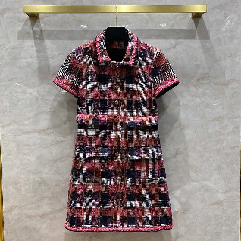 

Женское твидовое платье в клетку, шикарное высококачественное дизайнерское платье из 100% шелка с подкладкой и короткими рукавами, на осень, ...