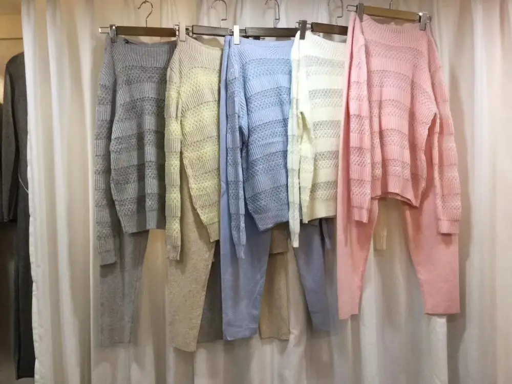 

Tracksuits New Arrival Real Wool Full 2020 Winter Cashmere Suit Female High-end Sexy Hollow Knitting Fashion Two-piece Pants